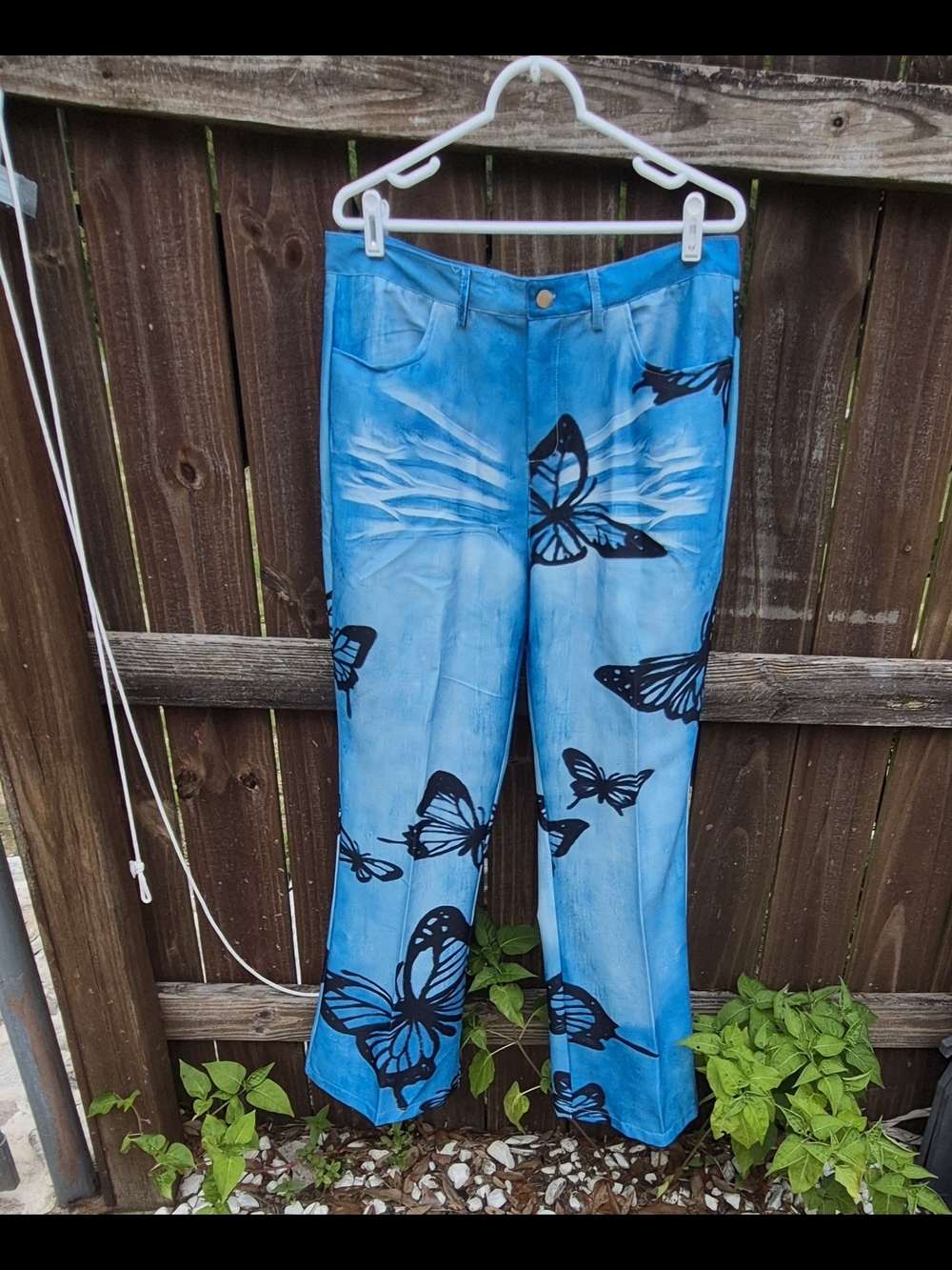 Blue Butterfly Polyester Flare Pants Women 36 x 33 Pockets Hippie Disco Rocker